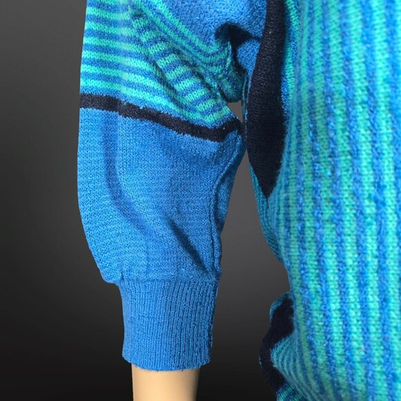 Vintage 80s Blue Striped Sweater Size M Dolman Sleeve Turtleneck New Wave - Picture 3 of 10